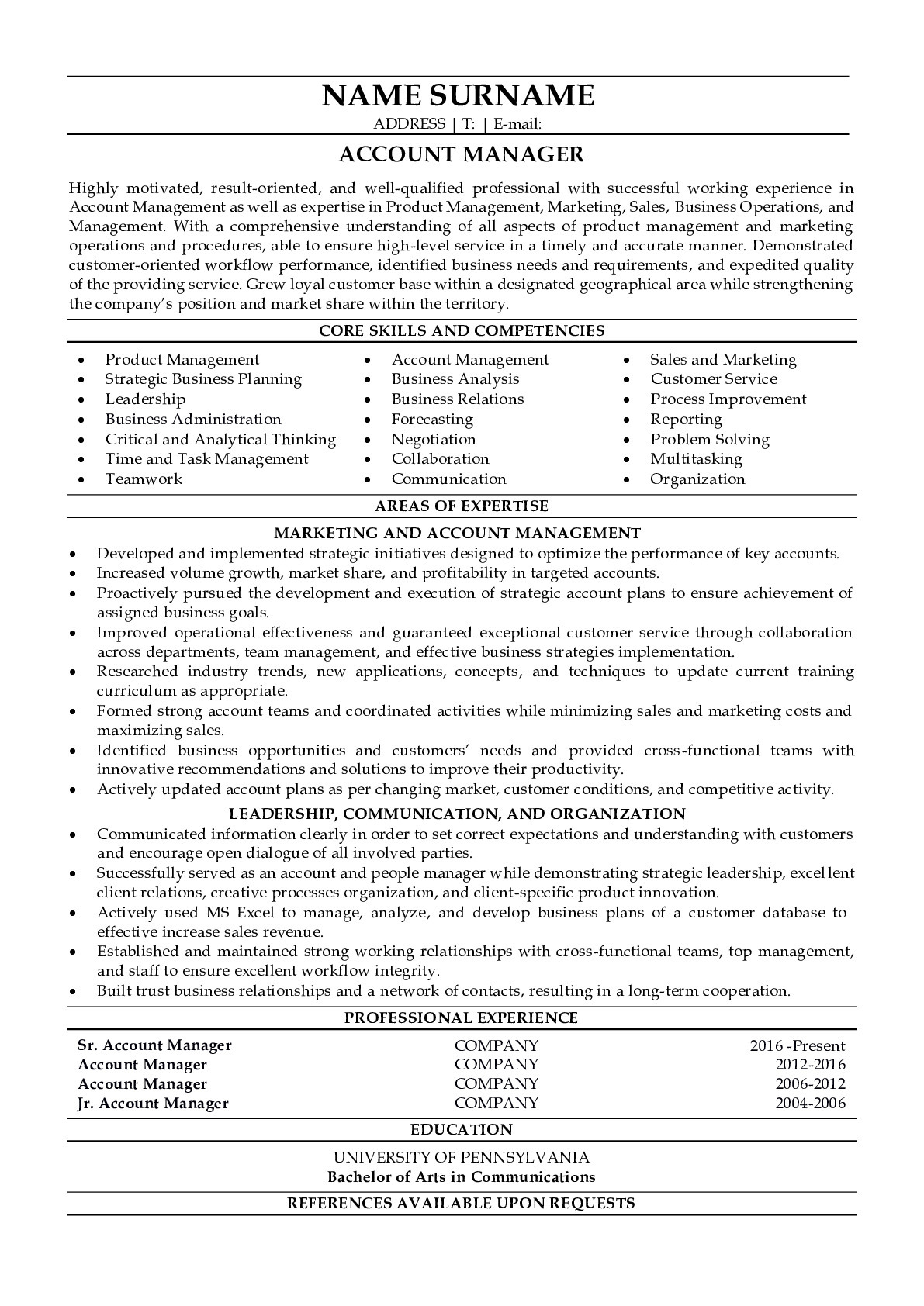 Resume Example for Account Manager