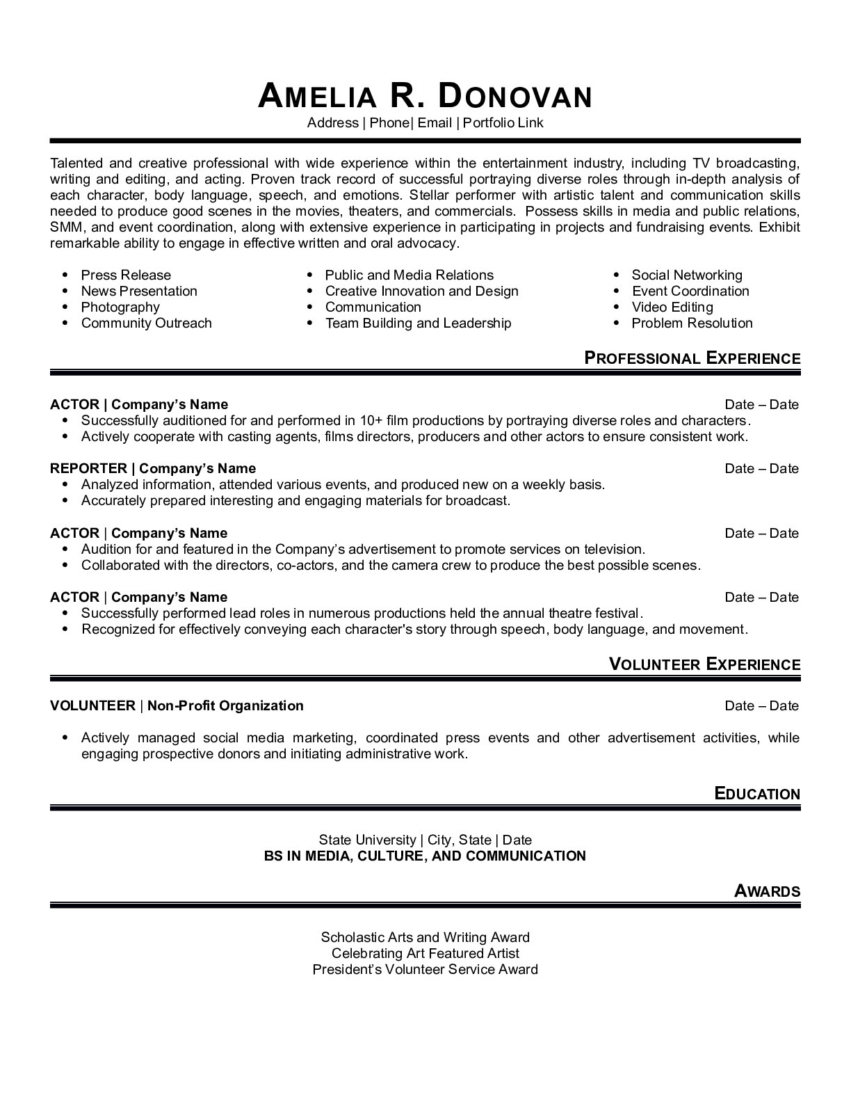 Resume Example for Actor
