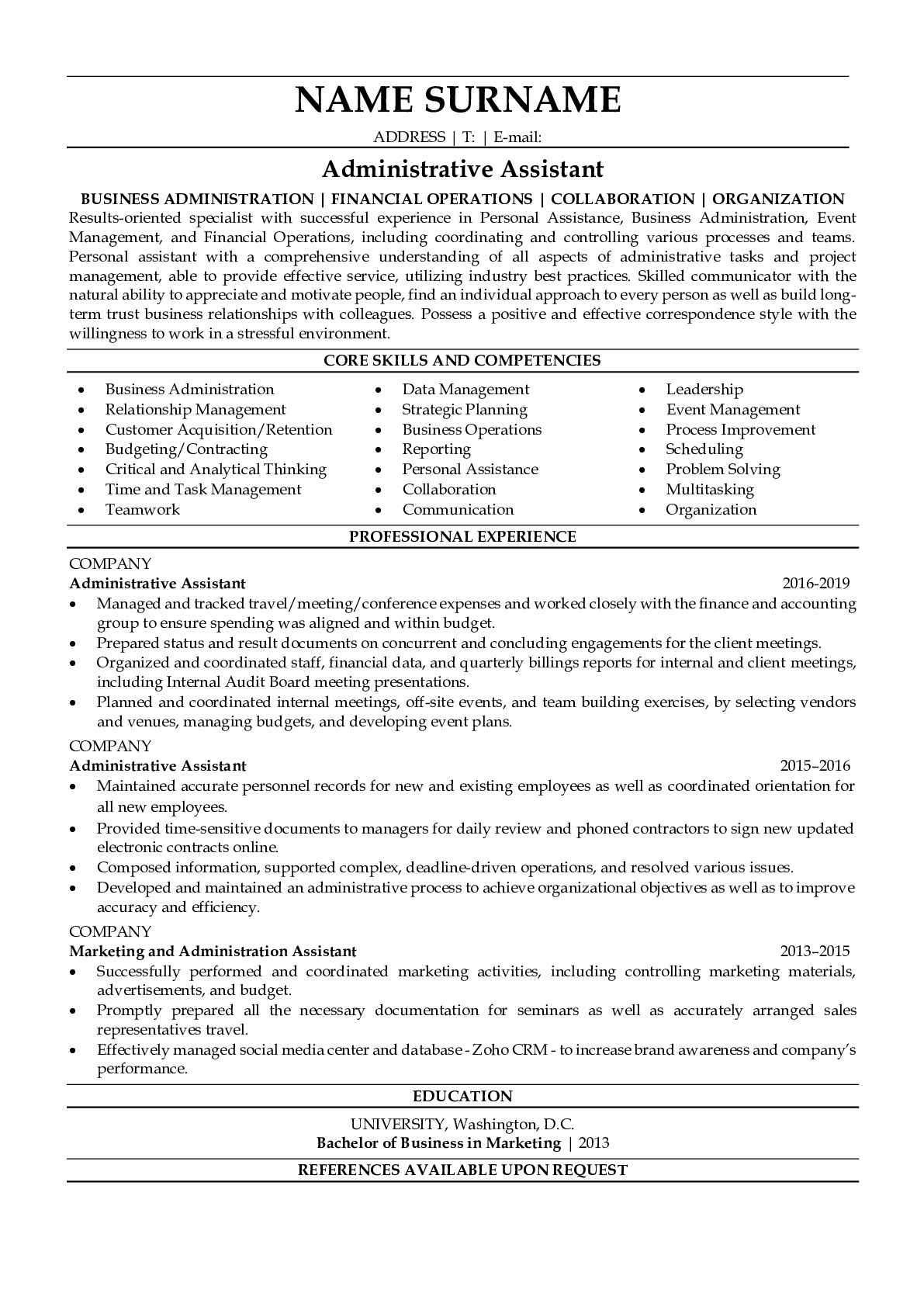 Resume Example for Administrative Assistant