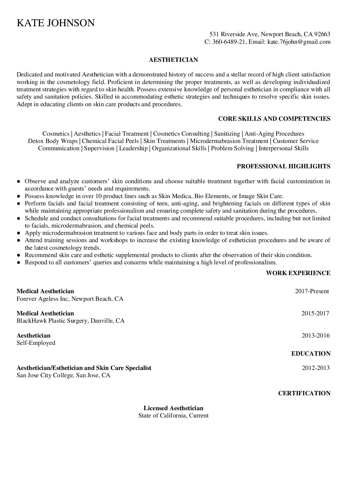 Resume Example for Aesthetician