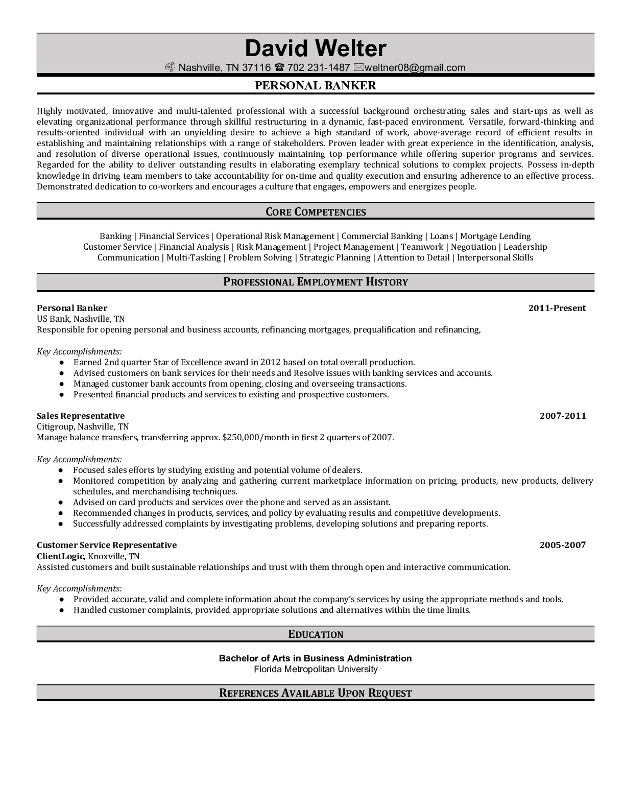 Resume Example for Banker