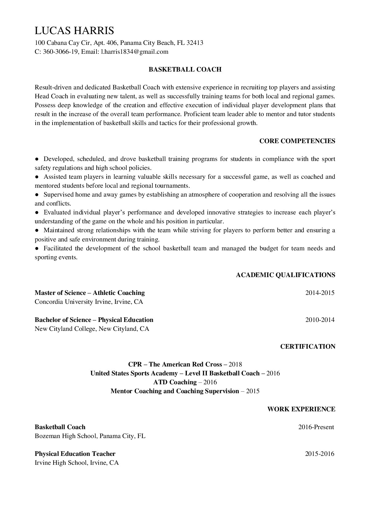 Professional Resume Example For Basketball Coach In ResumeGets