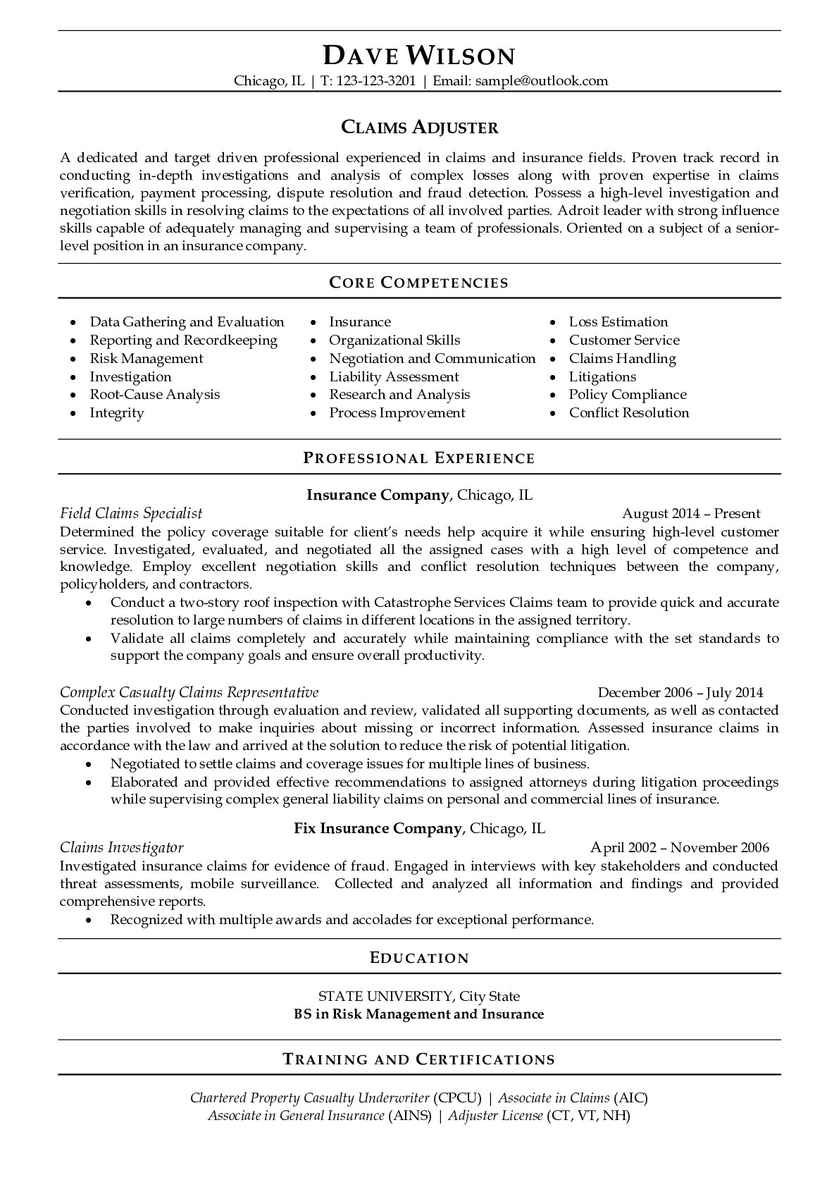 Professional Resume Sample for Claims Adjuster | ResumeGets