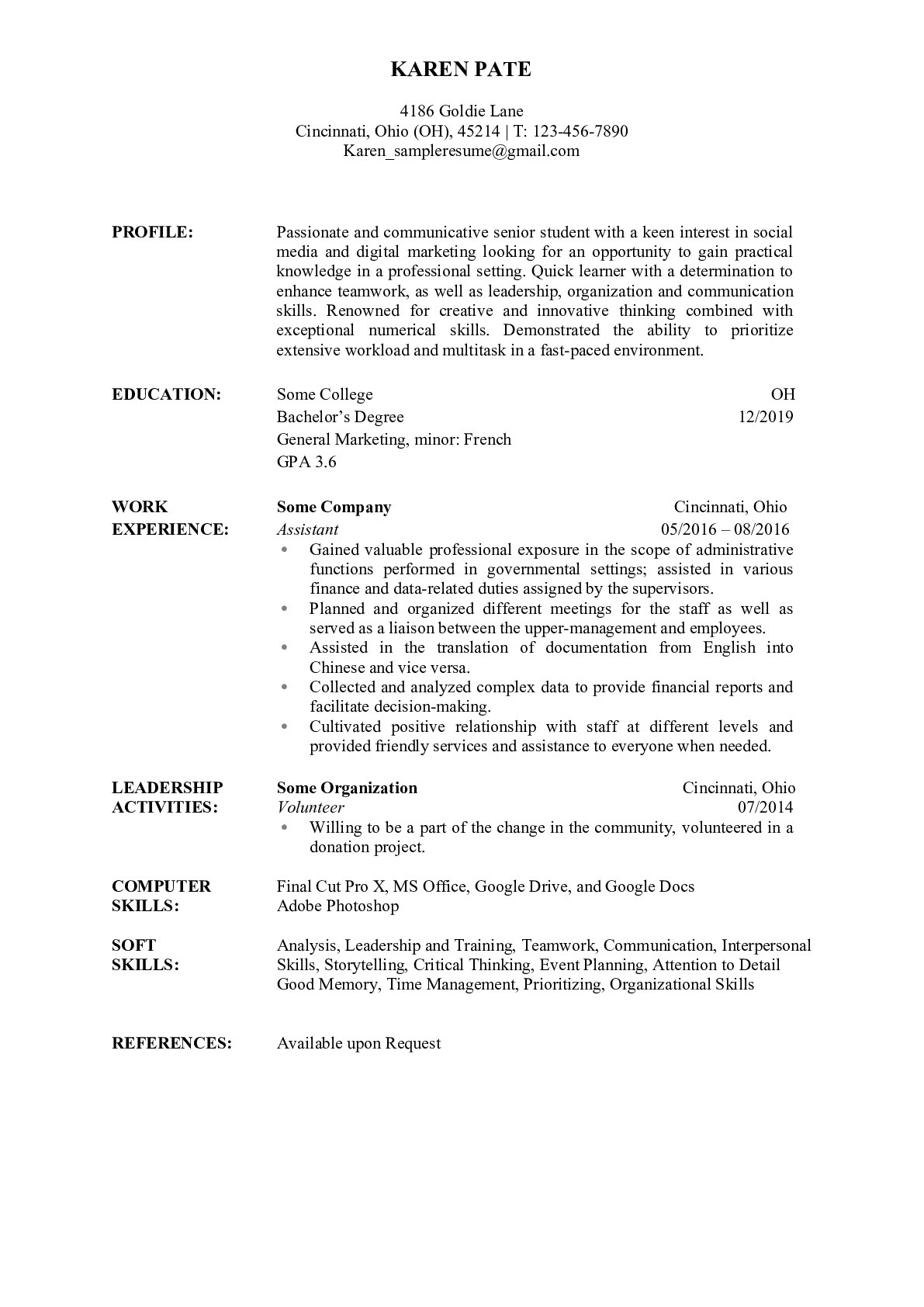 Resume Example for College student