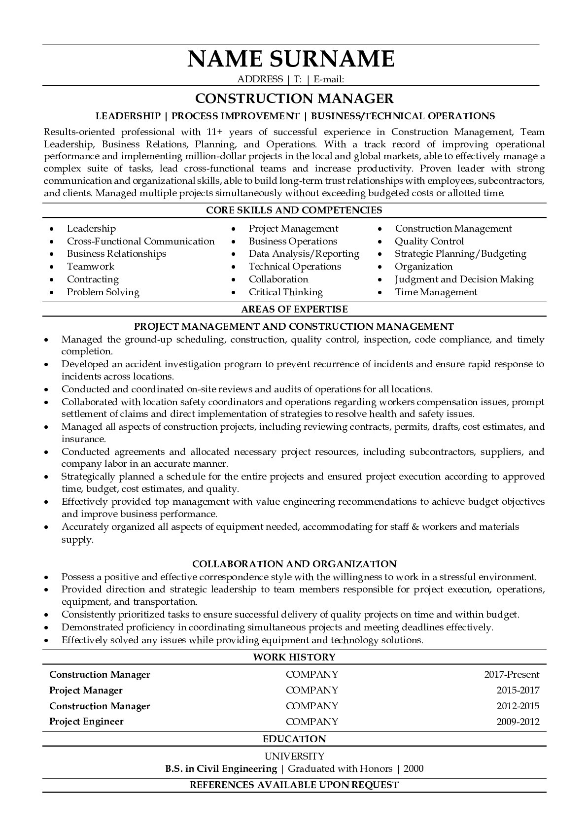 Professional Resume Sample For Construction Project Manager ResumeGets