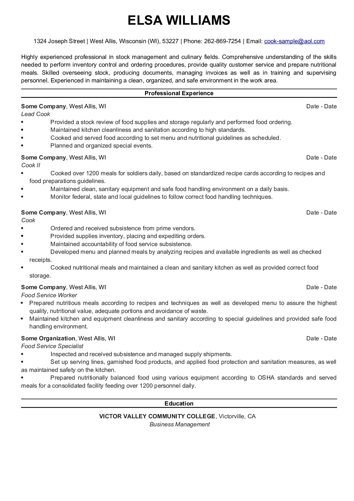 Resume Example for Cook