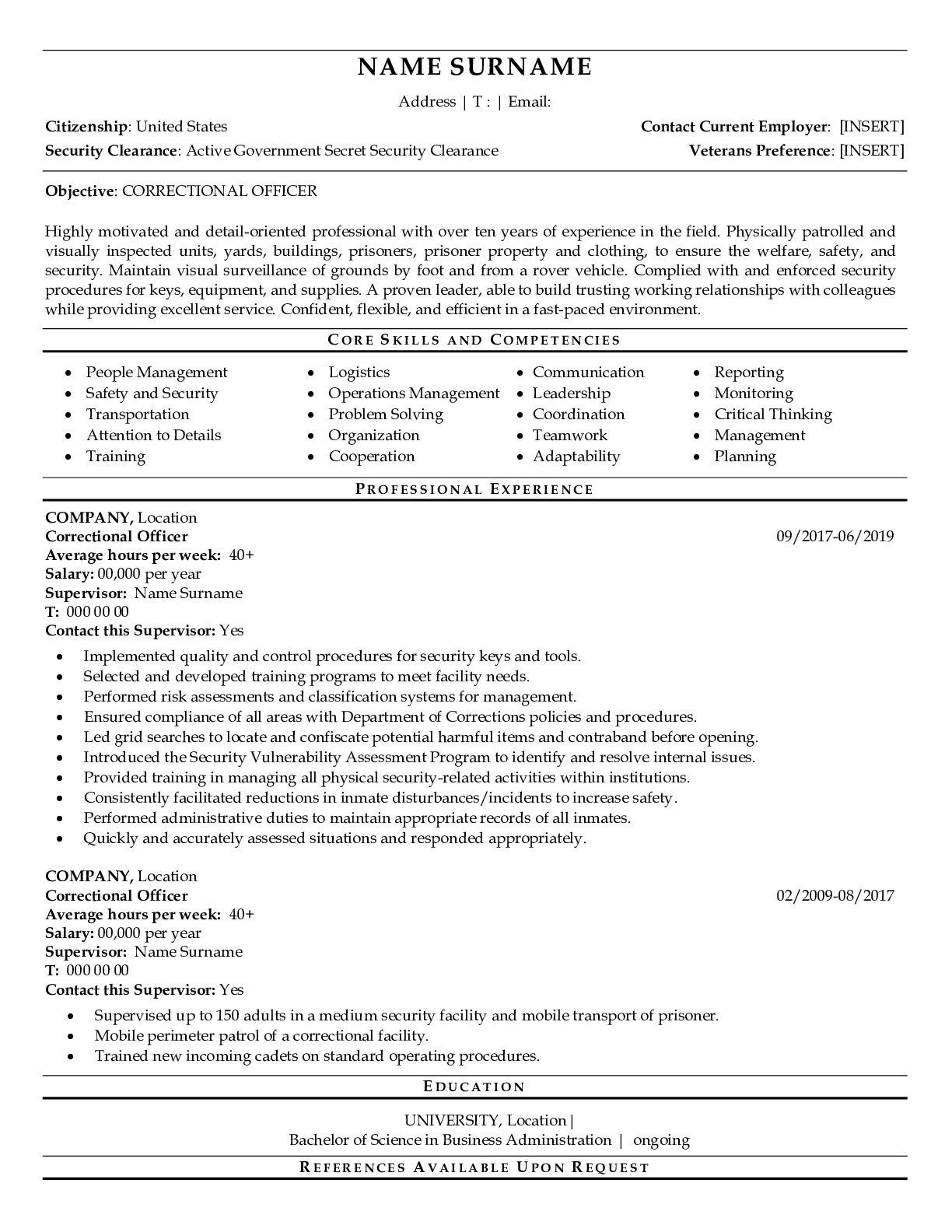 Resume Example for Correctional Officer
