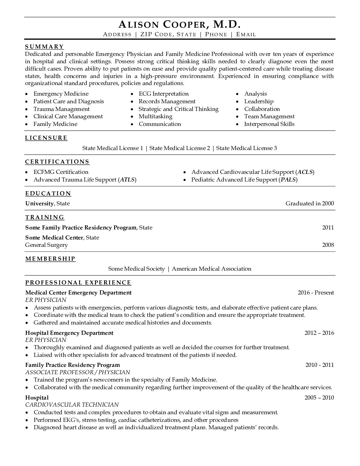 Medical Doctor Resume Example
