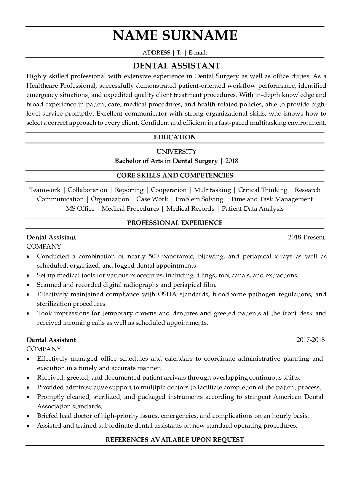 Entry Dental Assistant Resume Example Skills CV Sample ResumeGets