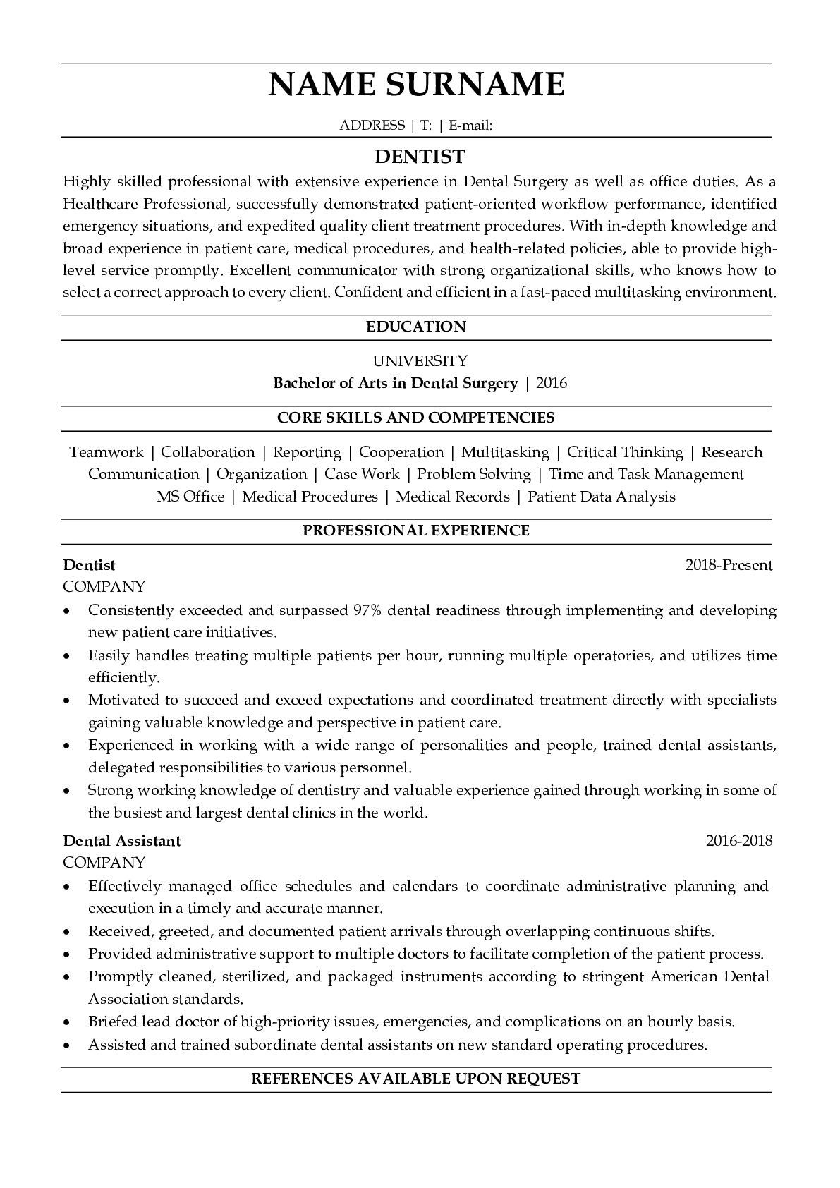 Dentist CV Resume Sample General Beginner Types