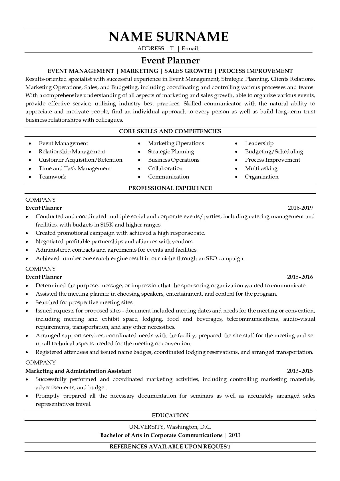 Resume Example for Event Planner