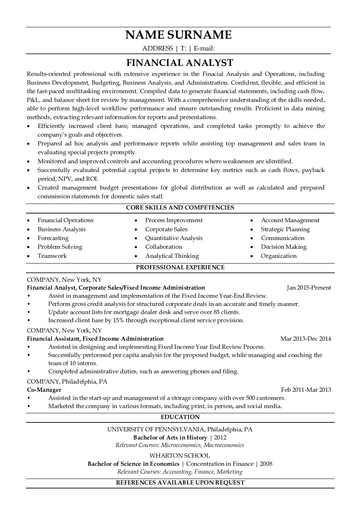 professional financial analyst resume template