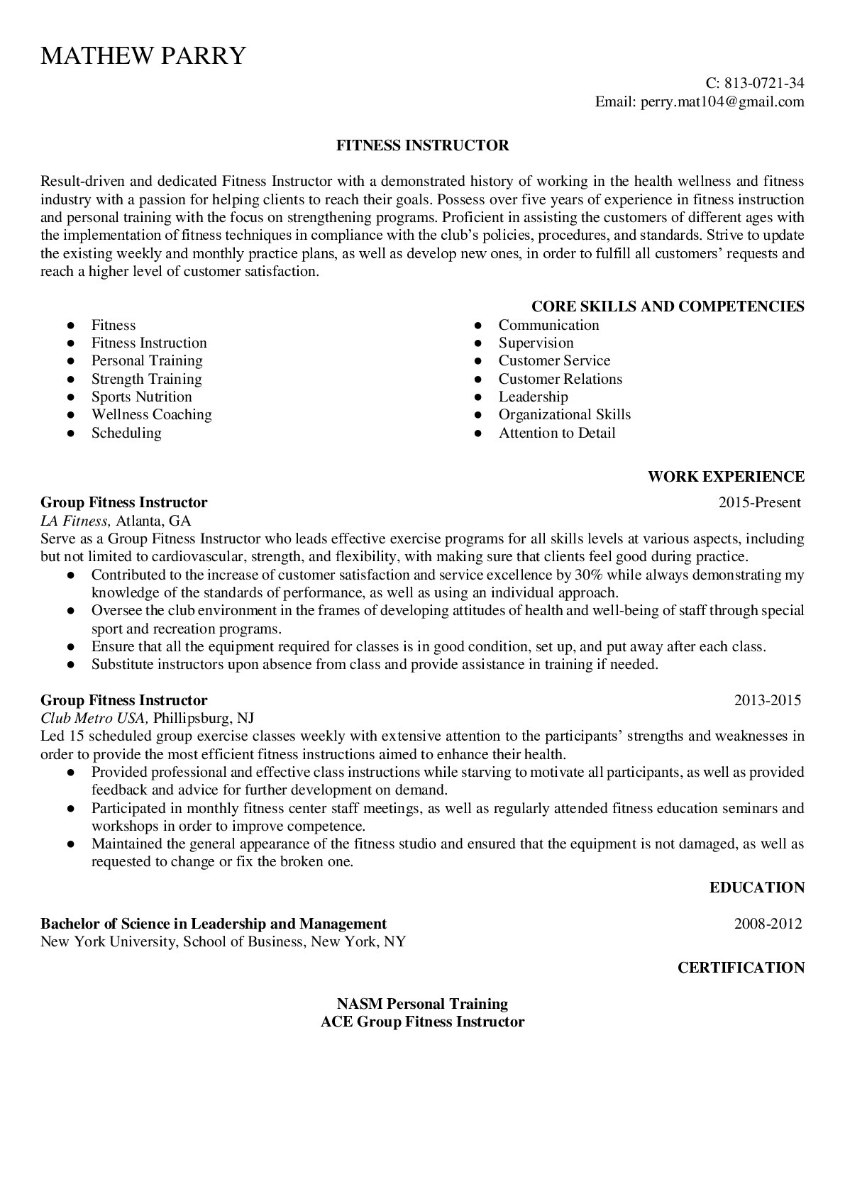 resume cover letter examples for fitness instructor