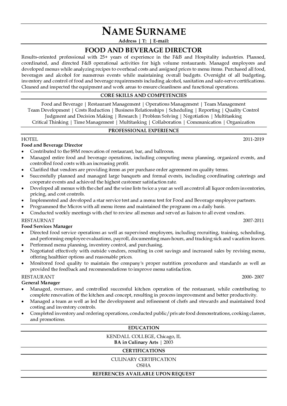 Professional Food And Beverage Director Resume Sample ResumeGets