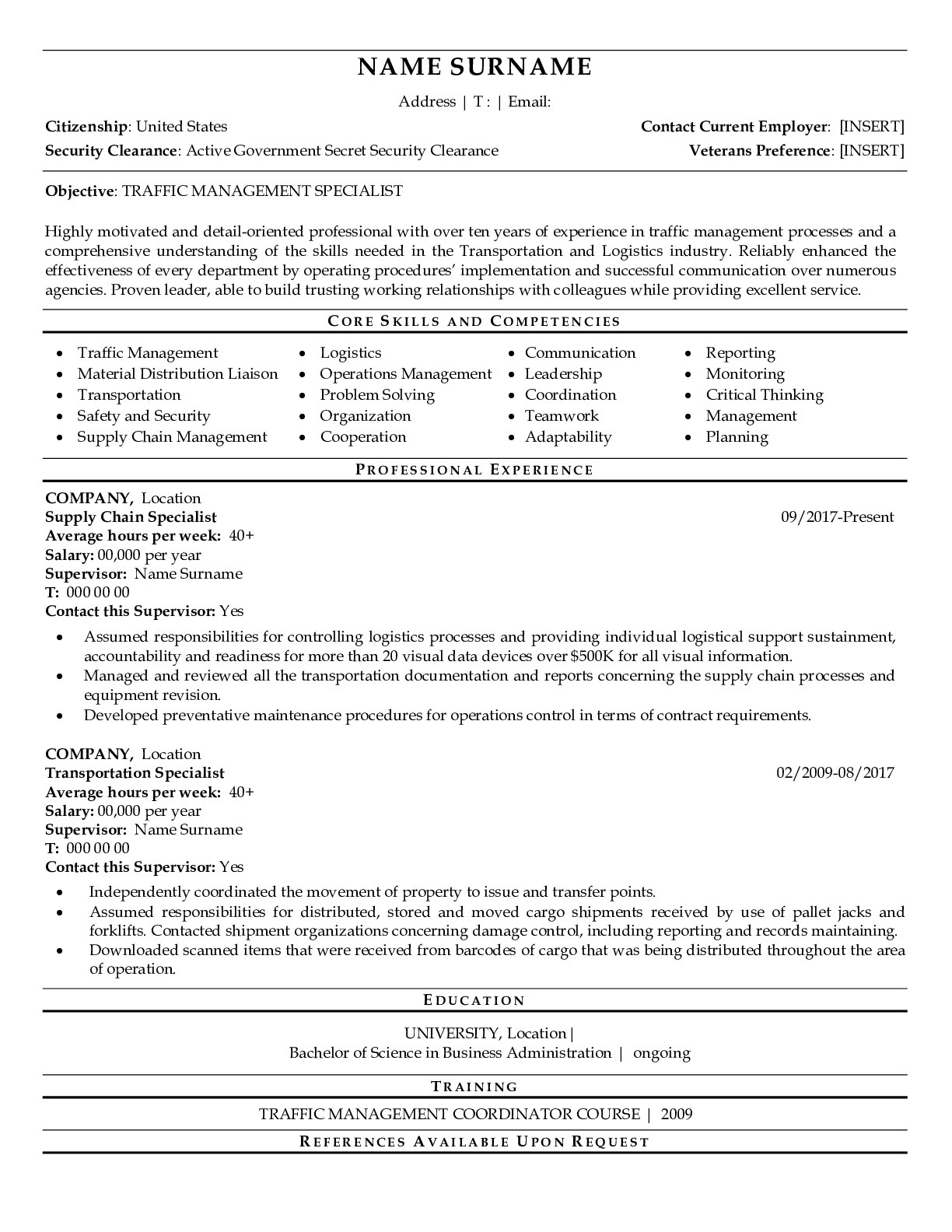 Resume Example for Government