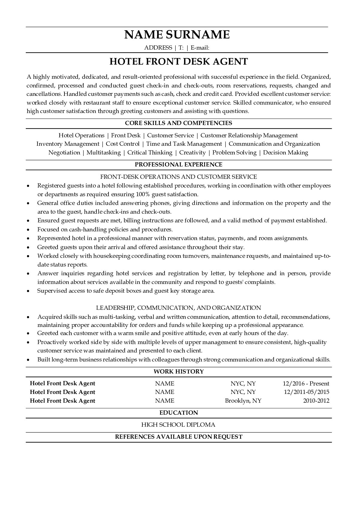 front desk hotel resume