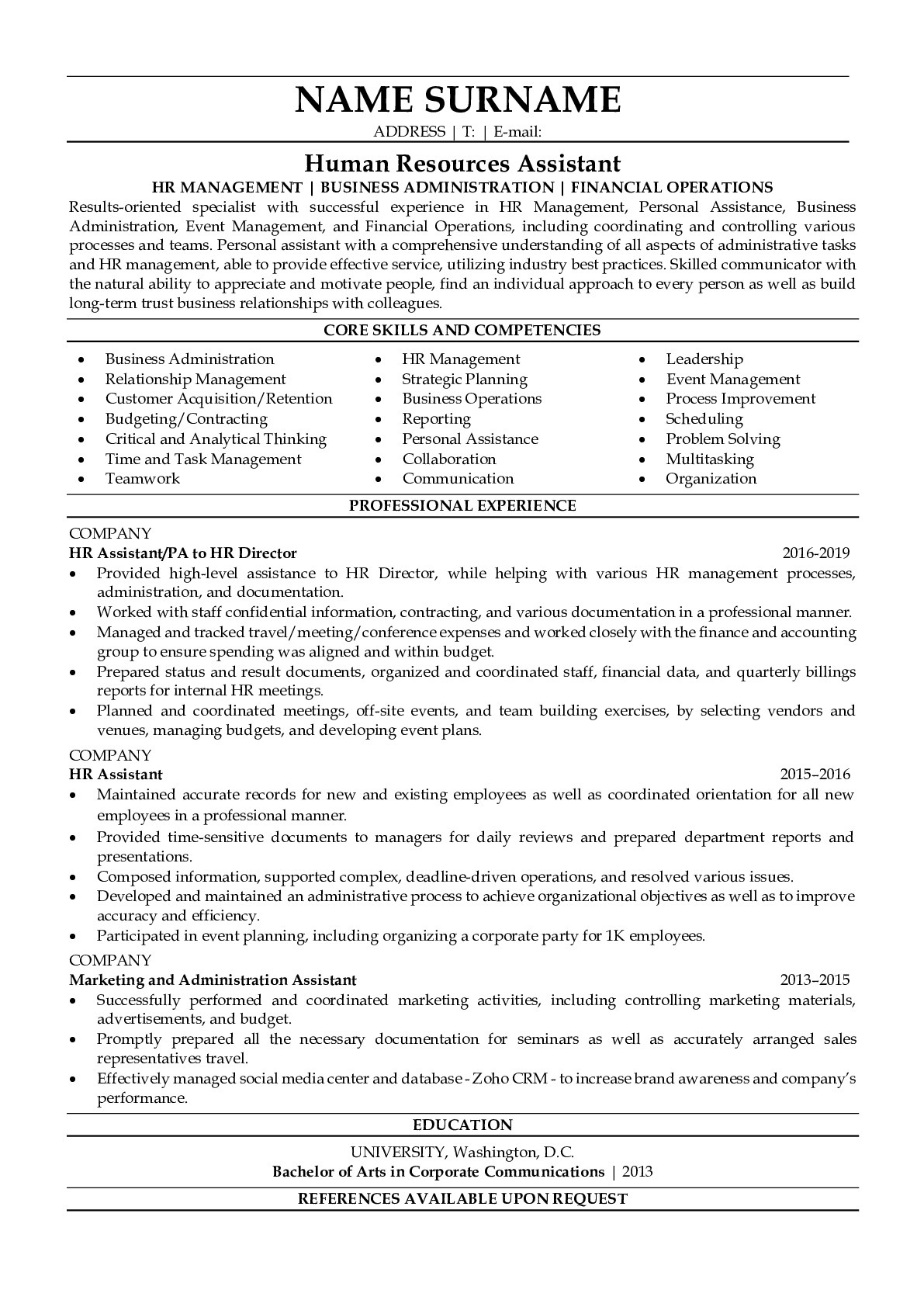 Human Resources (HR) Assistant Resume Sample