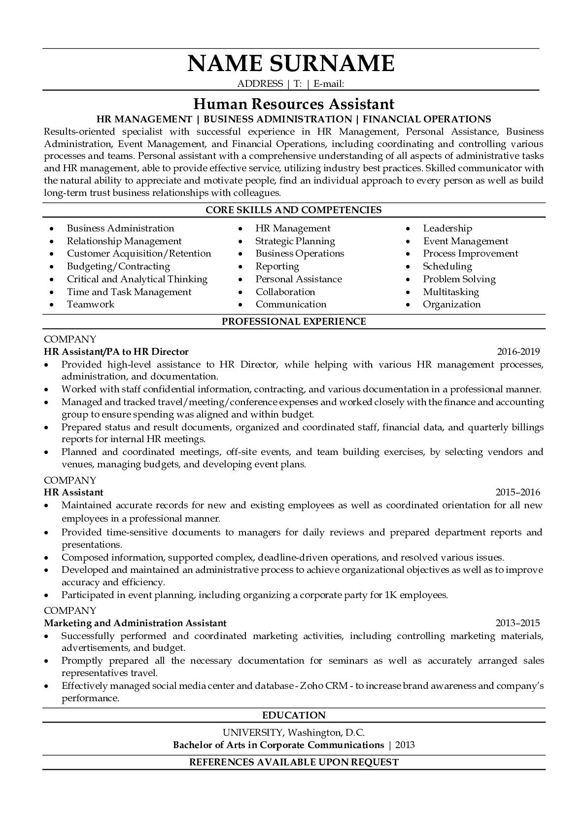 hr assistant responsibilities resume