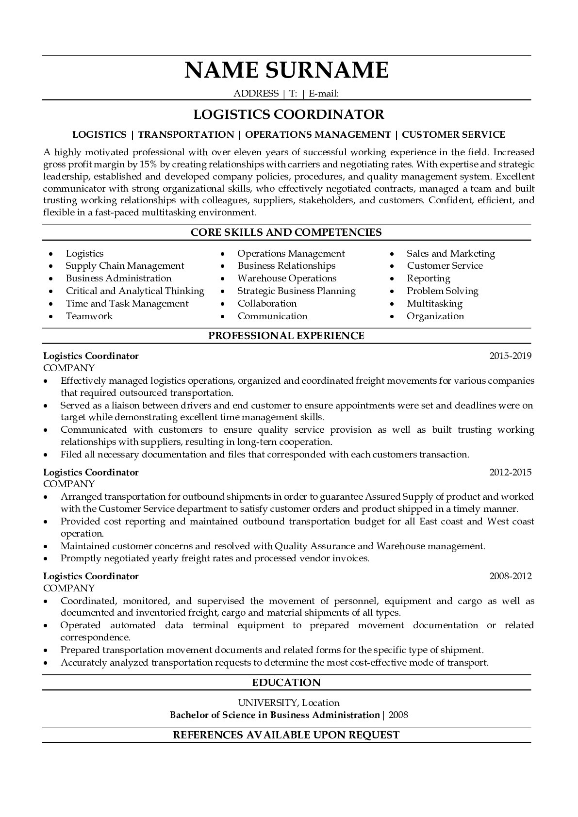 Professional Logistics Coordinator Resume Sample Resumegets Com