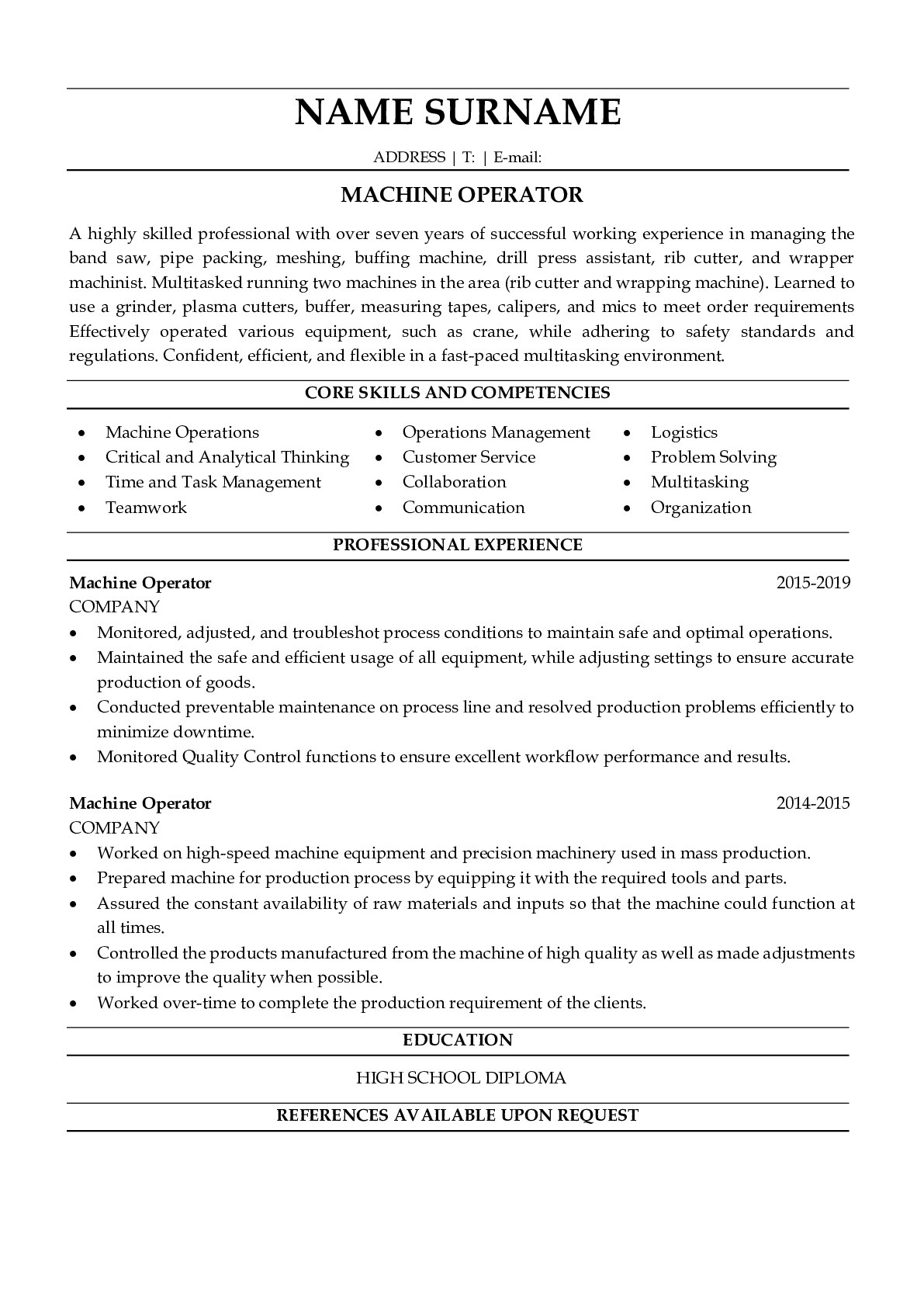 Professional Machine Operator Resume Examples for Free ResumeGets