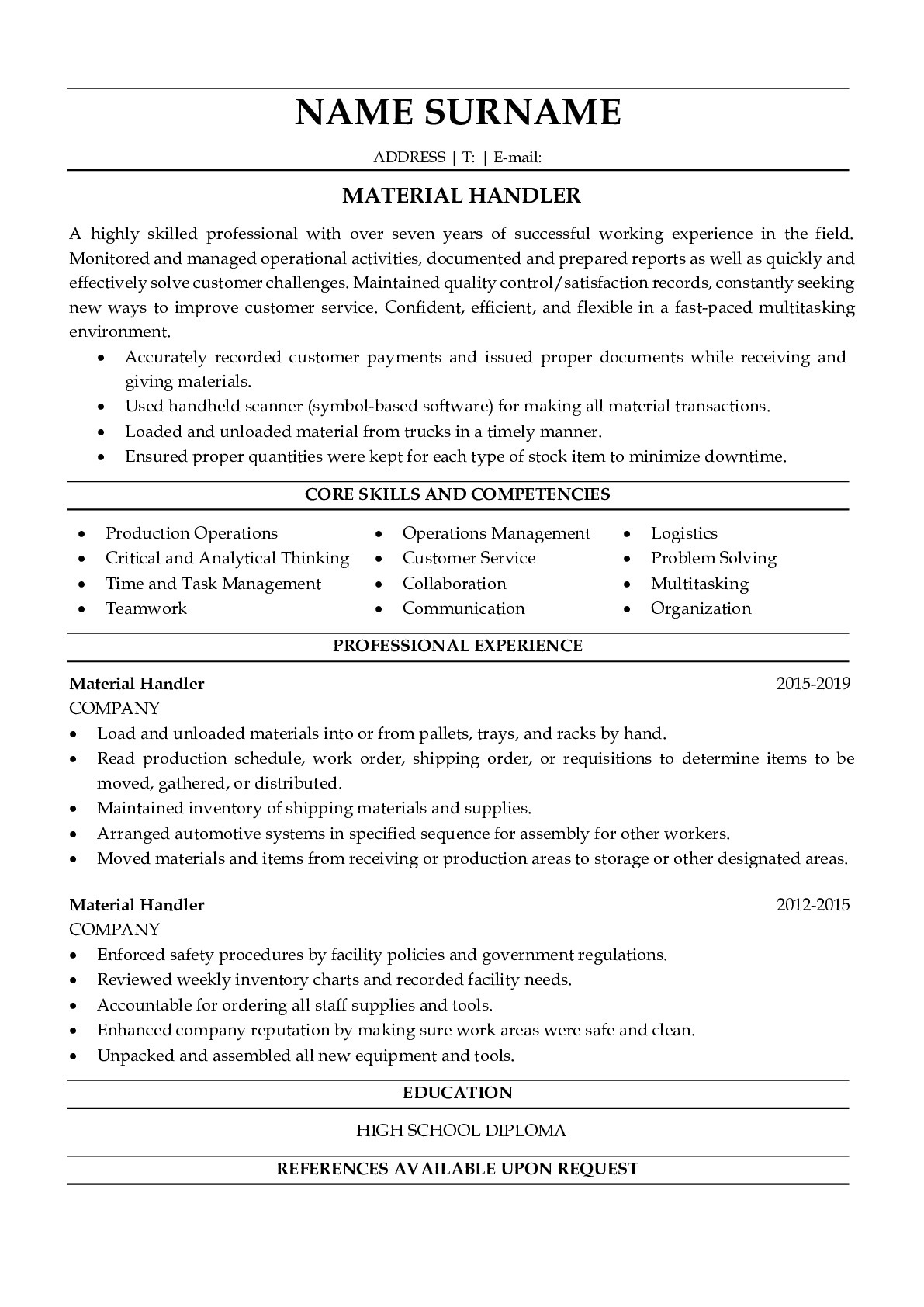 Material Handler Resume with Job Description Sample ResumeGets