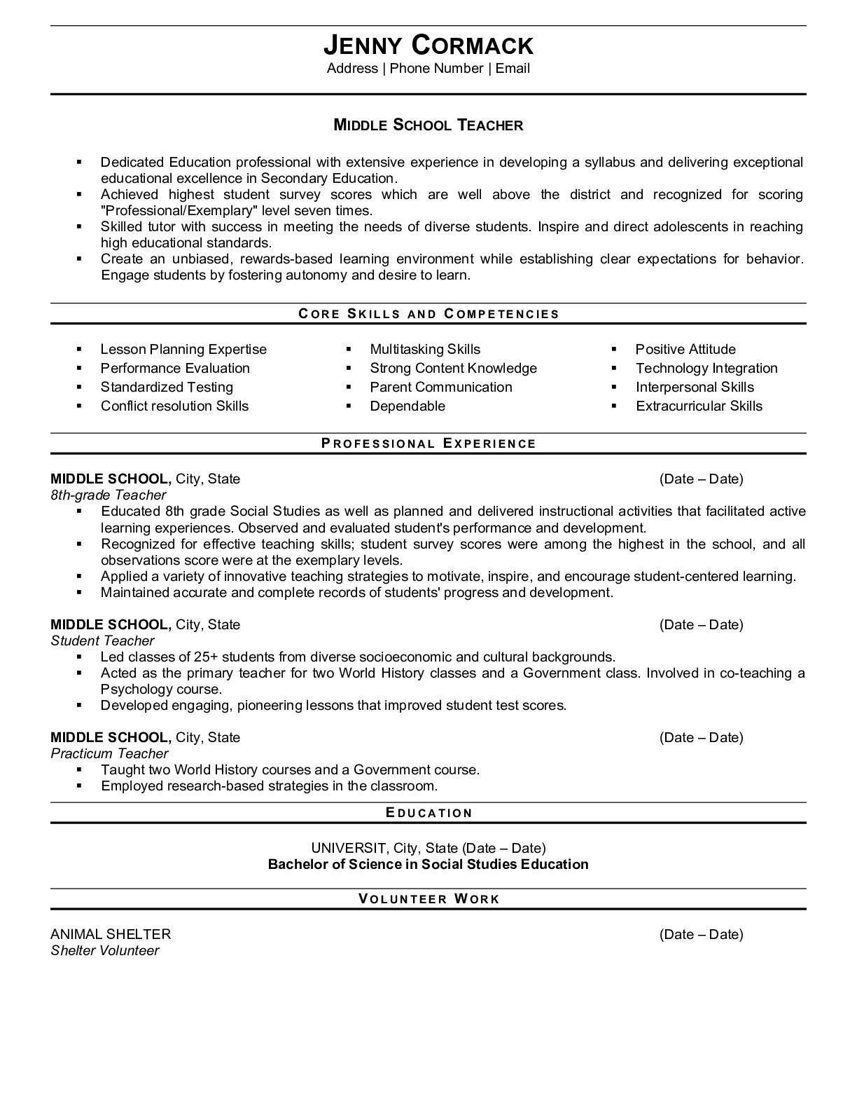 Resume Example for Middle School Teacher