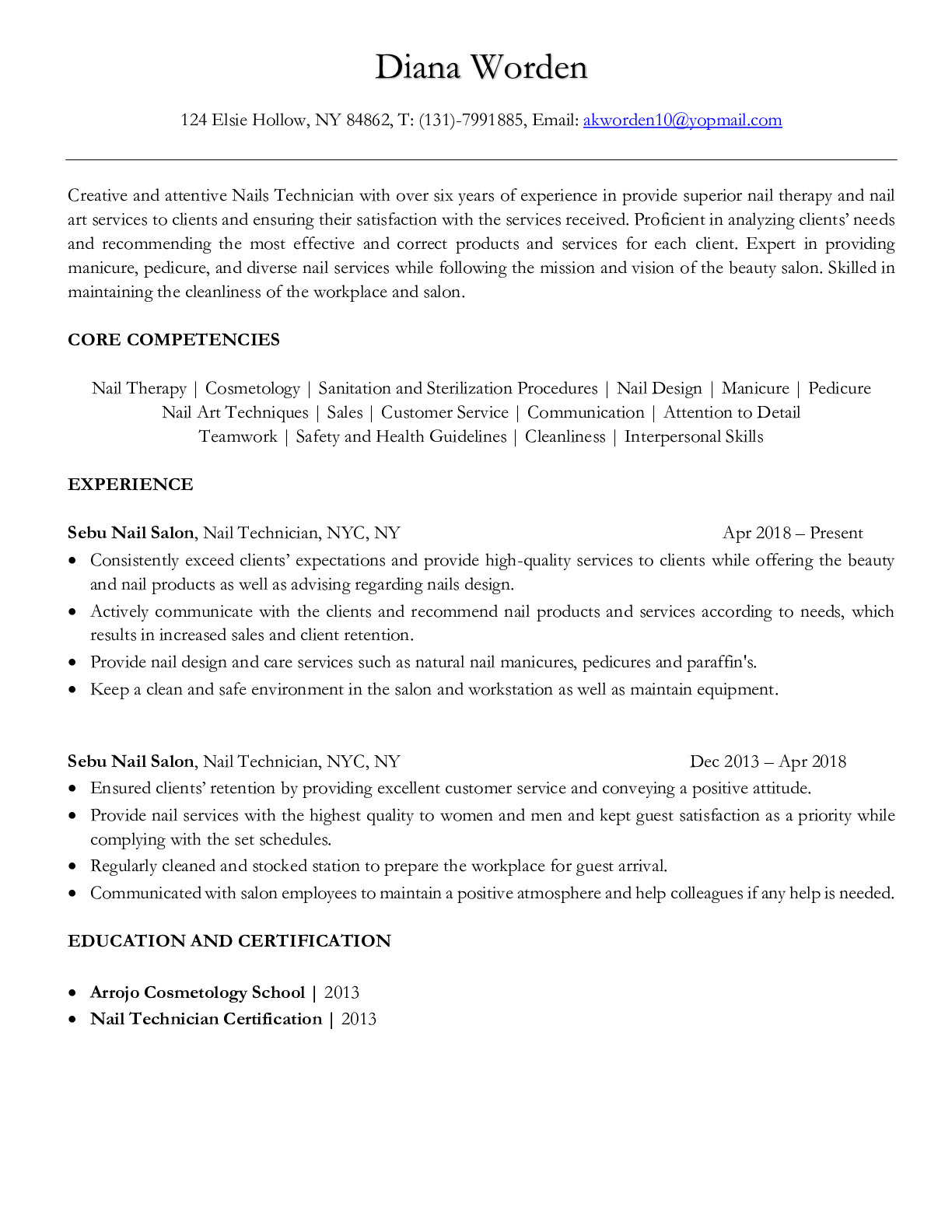Nail Technician Resume Example with Skills and Description