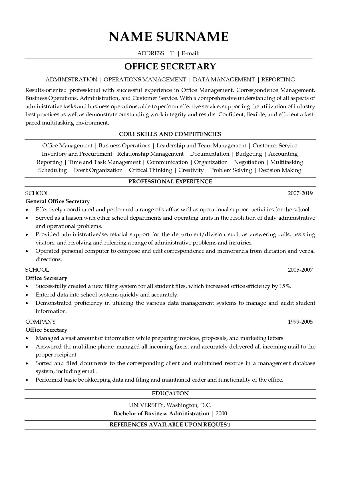 sample resume for a secretary