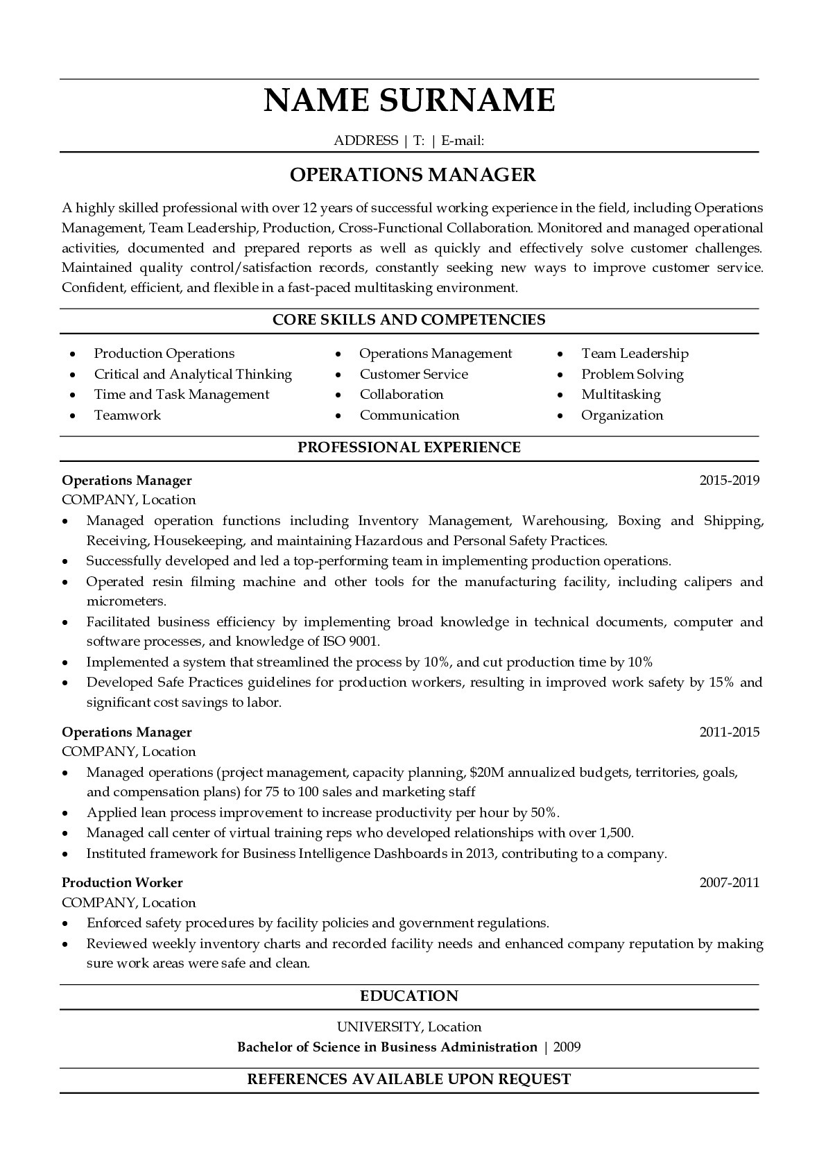 Resume Example for Operations Manager