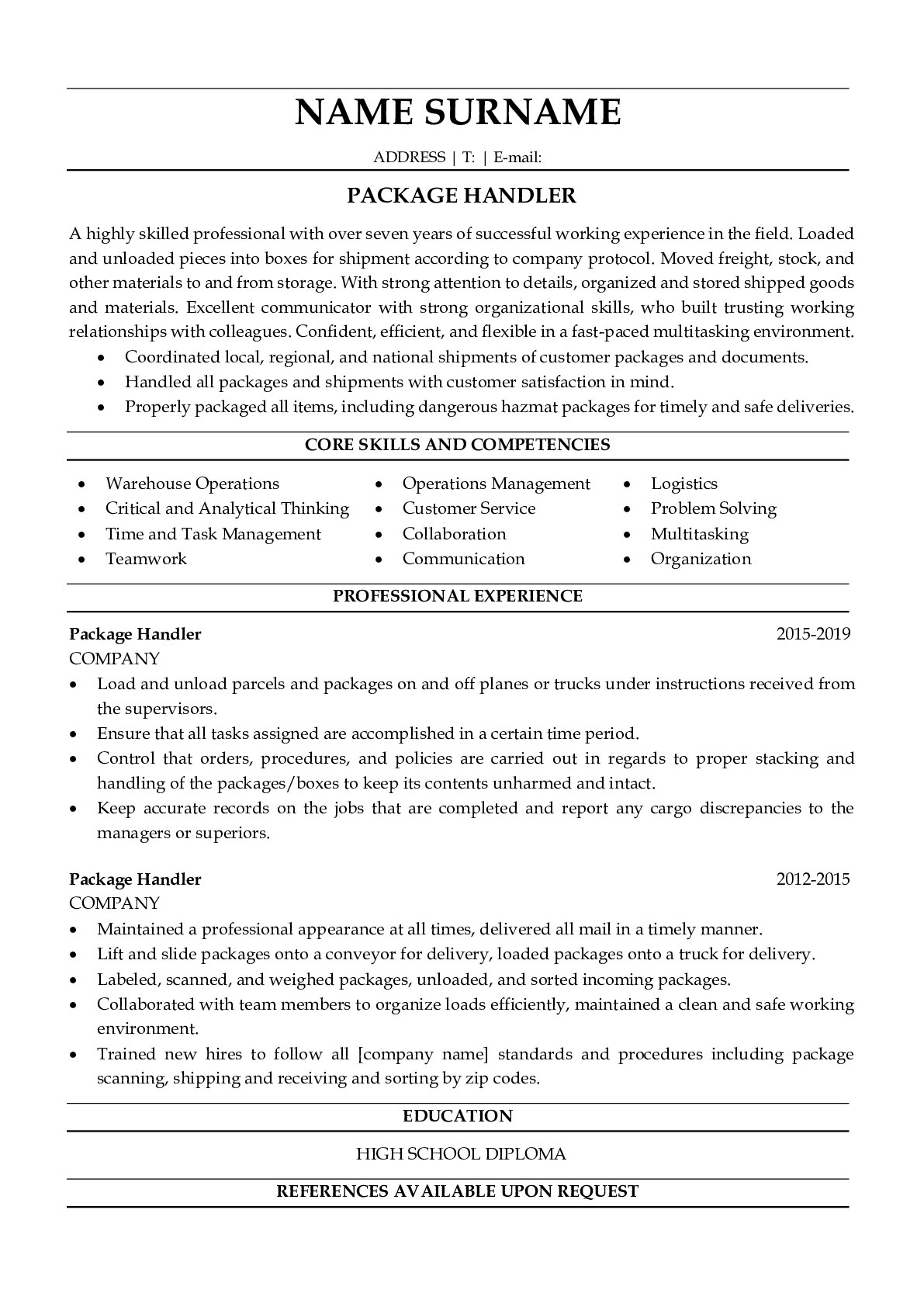 Professional Resume Examples for Package Handlers