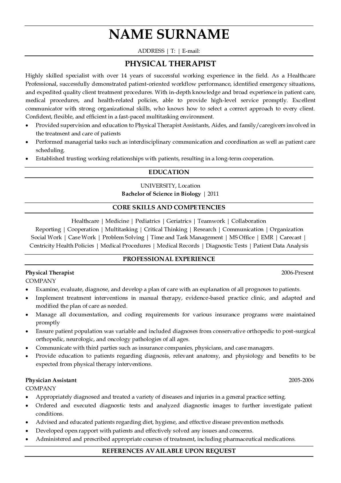 Resume Example for Physical Therapist