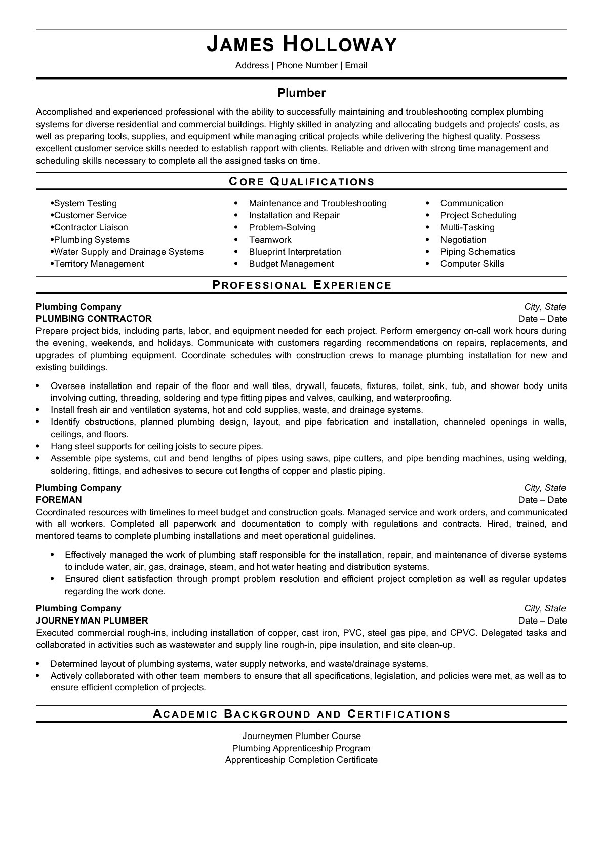Plumber Resume Sample Skills Job Description Requirements
