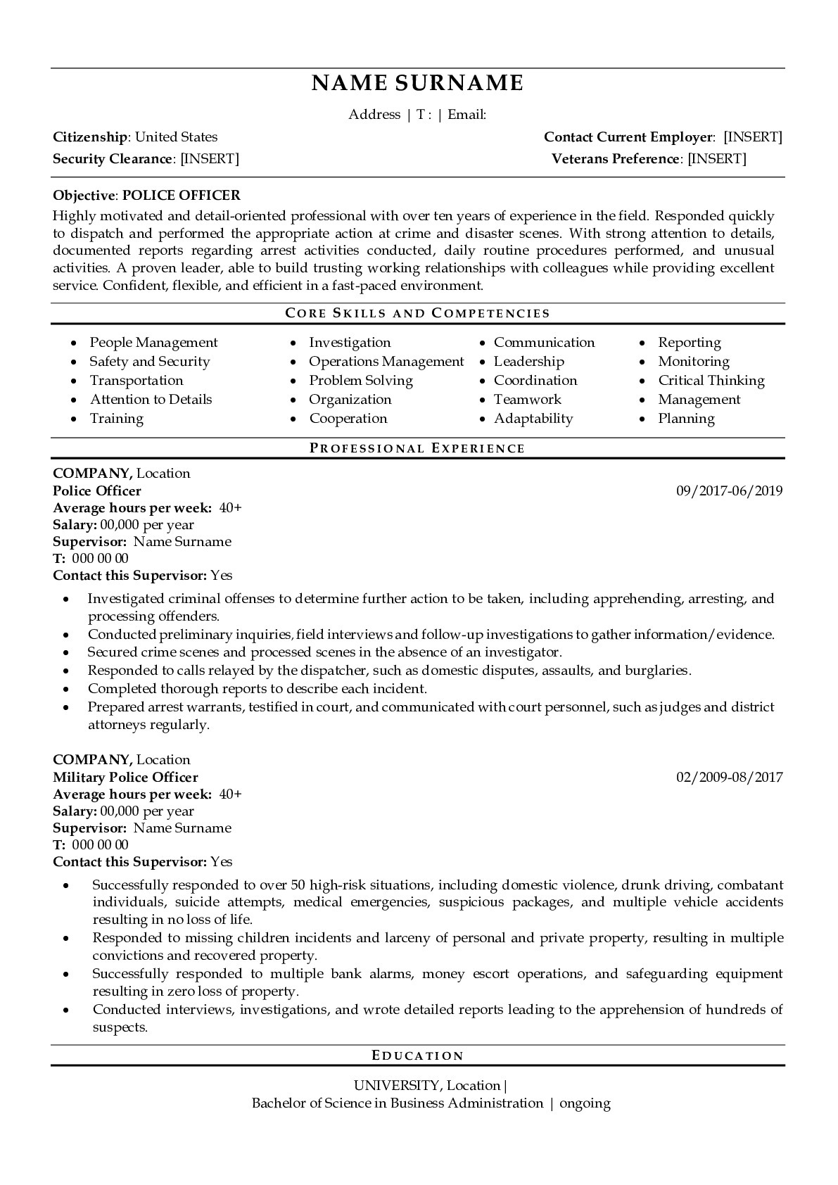 resume summary of qualifications for police officer