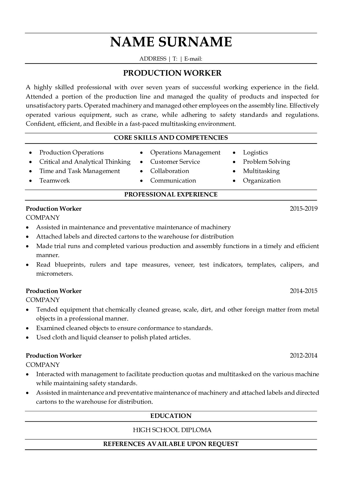 Professional Production Worker Resume Sample For Free ResumeGets