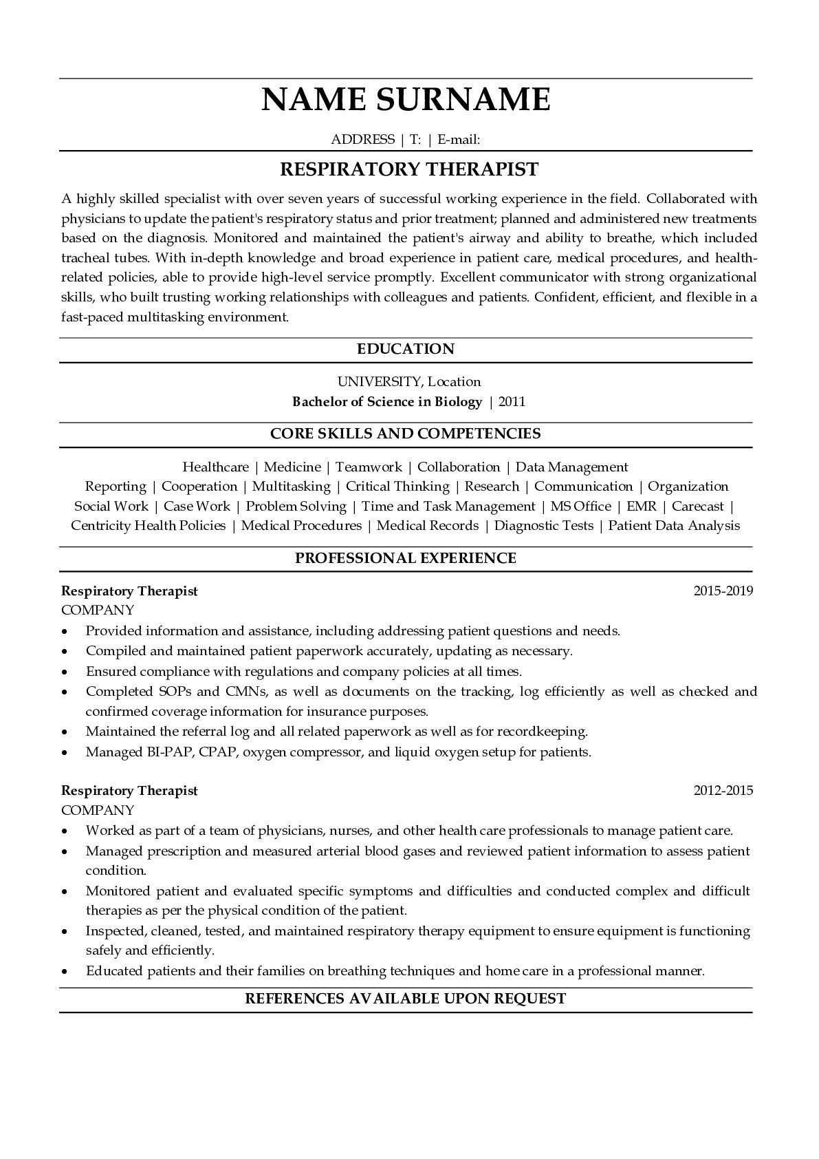 Resume Example for Respiratory Therapist