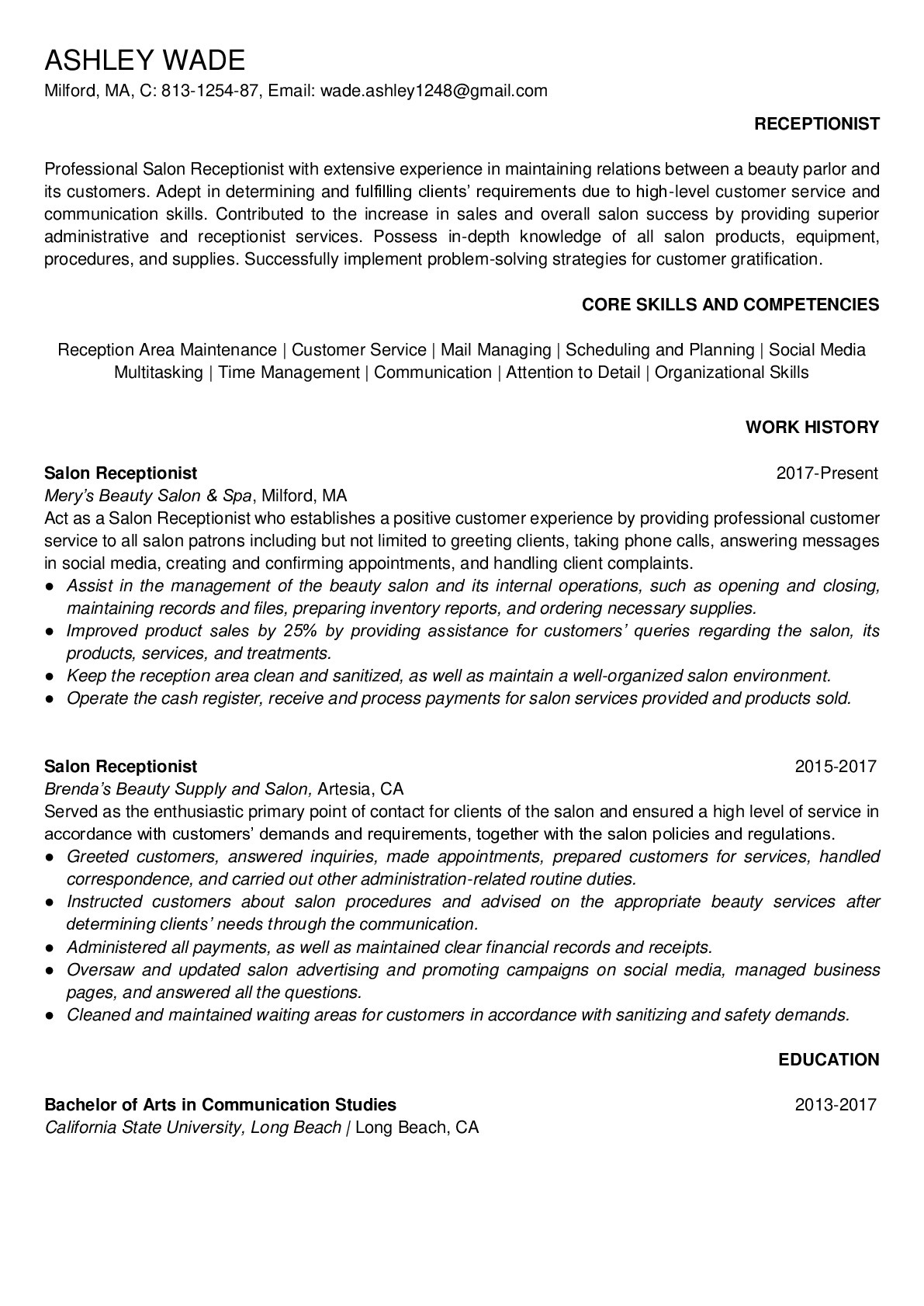 Professional Salon Receptionist Resume Sample For Free ResumeGets