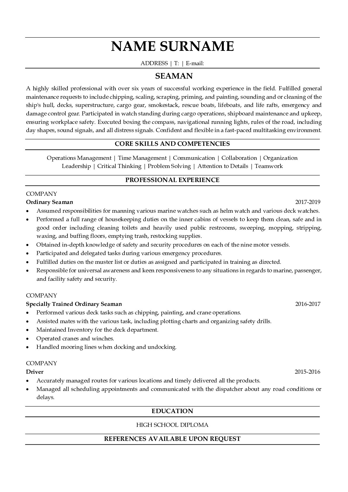 Resume Example for Seaman