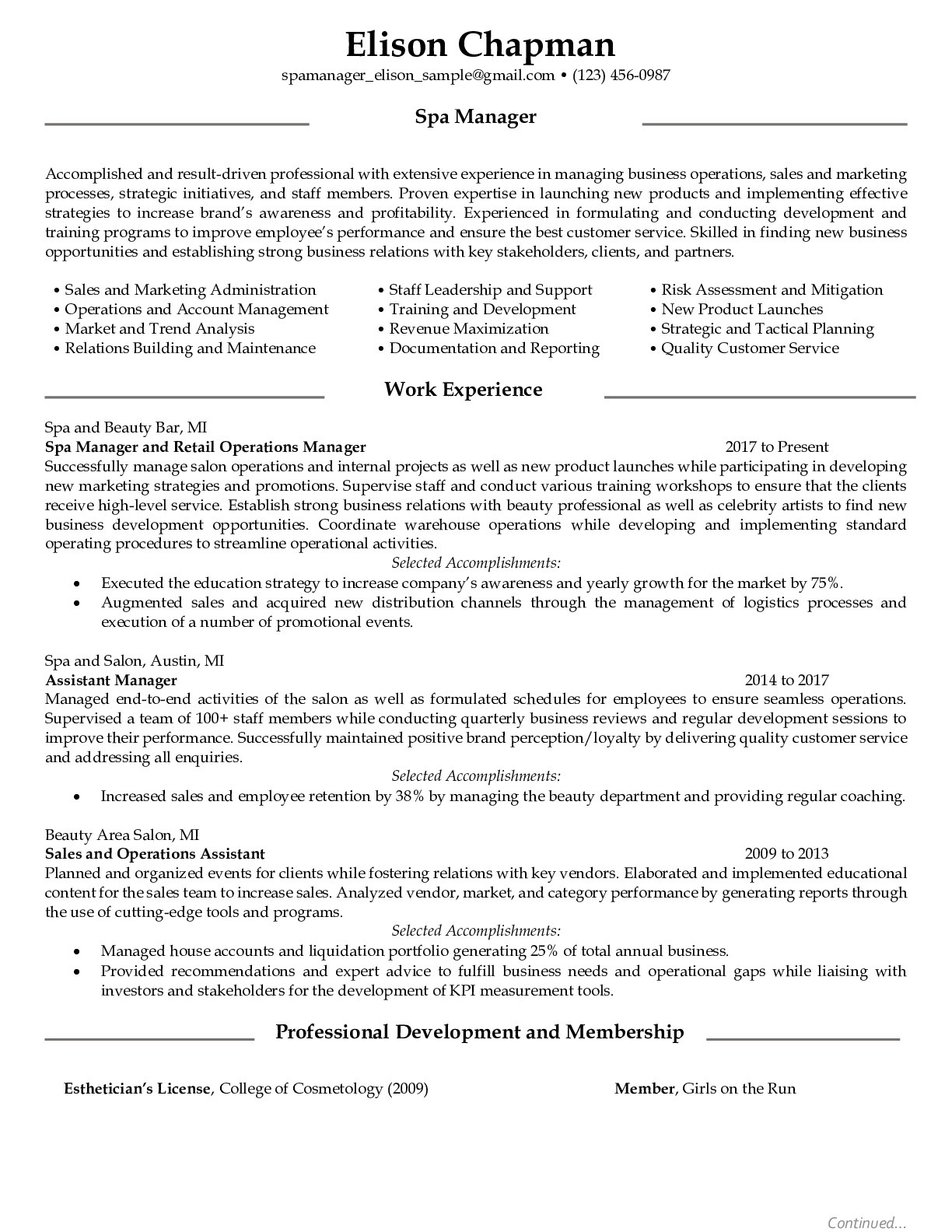 Resume Example for Spa Manager