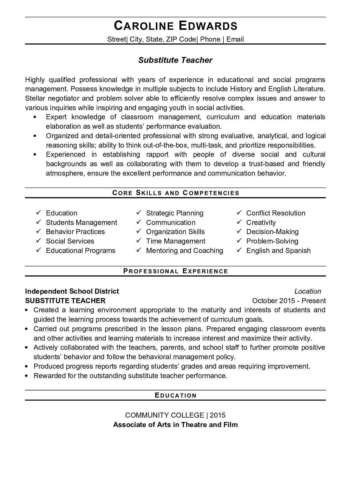 Substitute Teacher Resume Examples ResumeGets