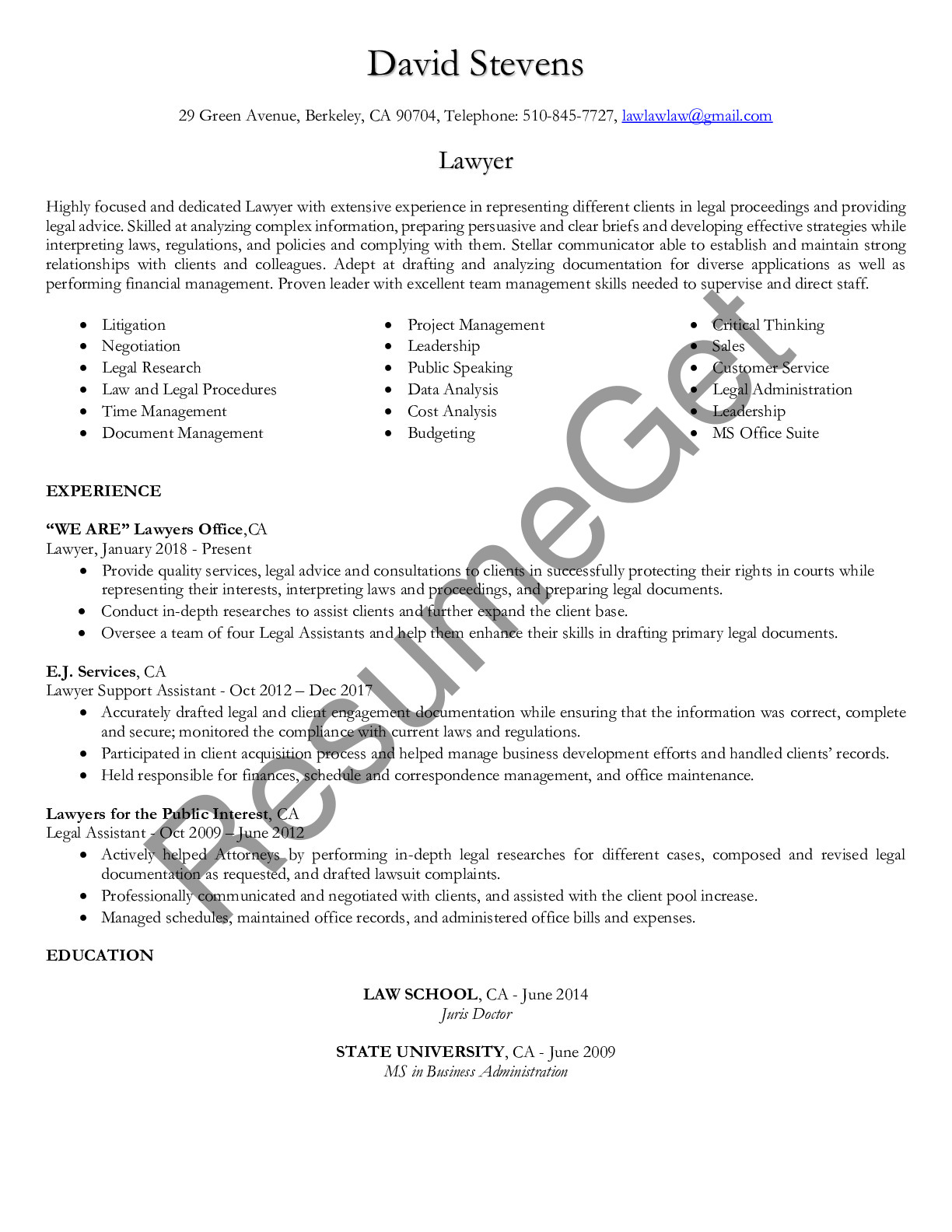 Resume Example for Lawyer