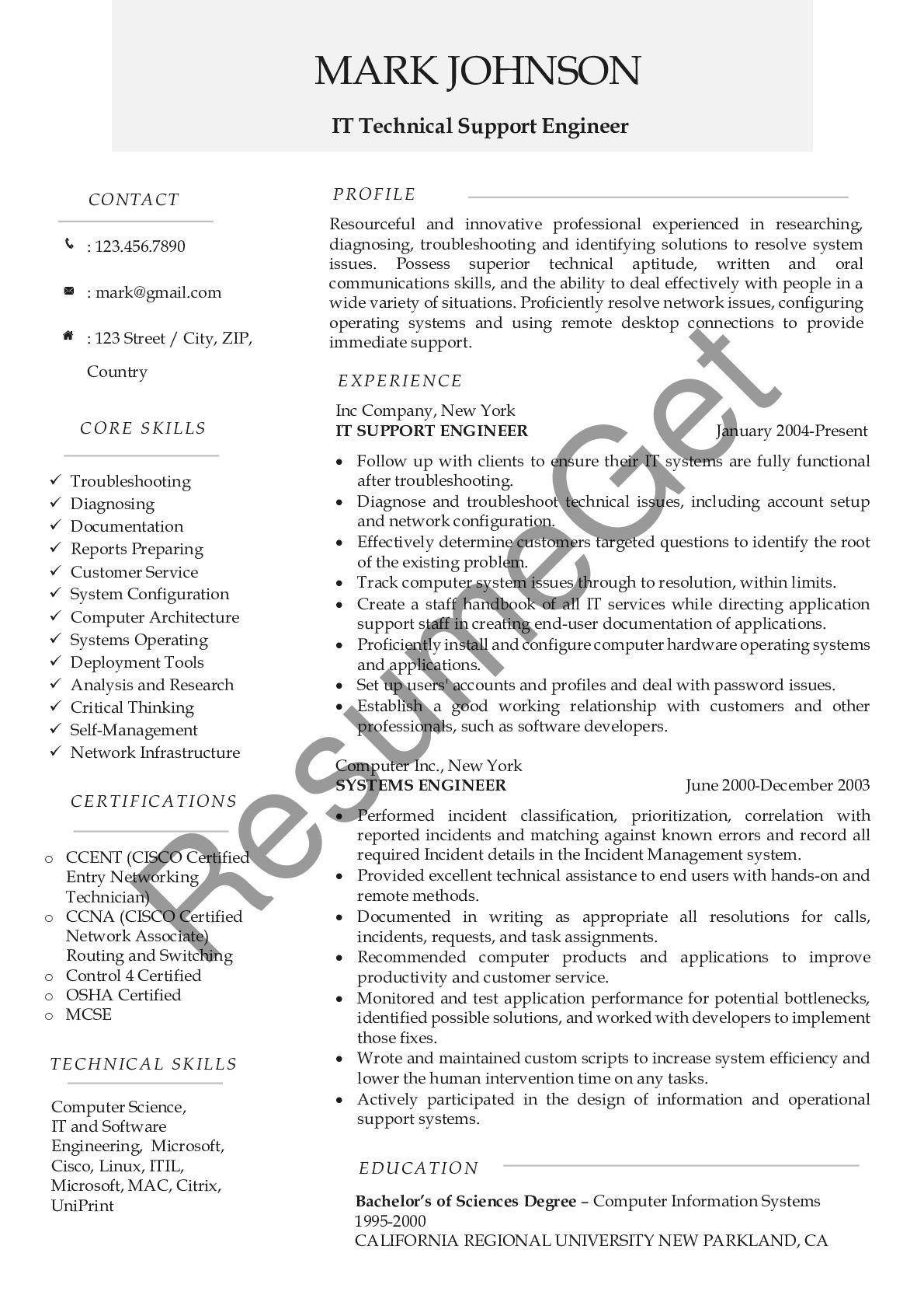 IT Technical Support Engineer Resume Example