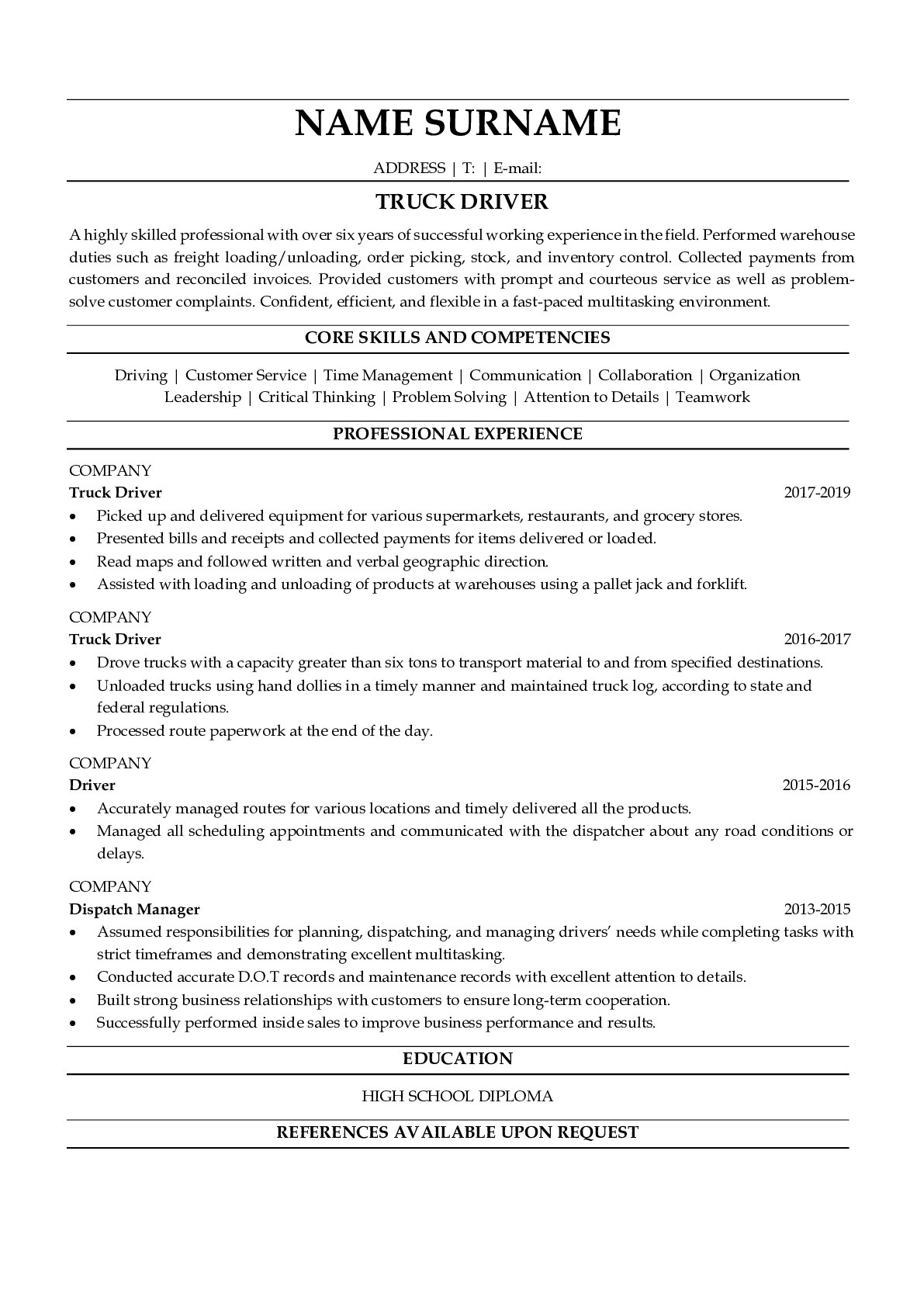 Resume Example for Truck Driver