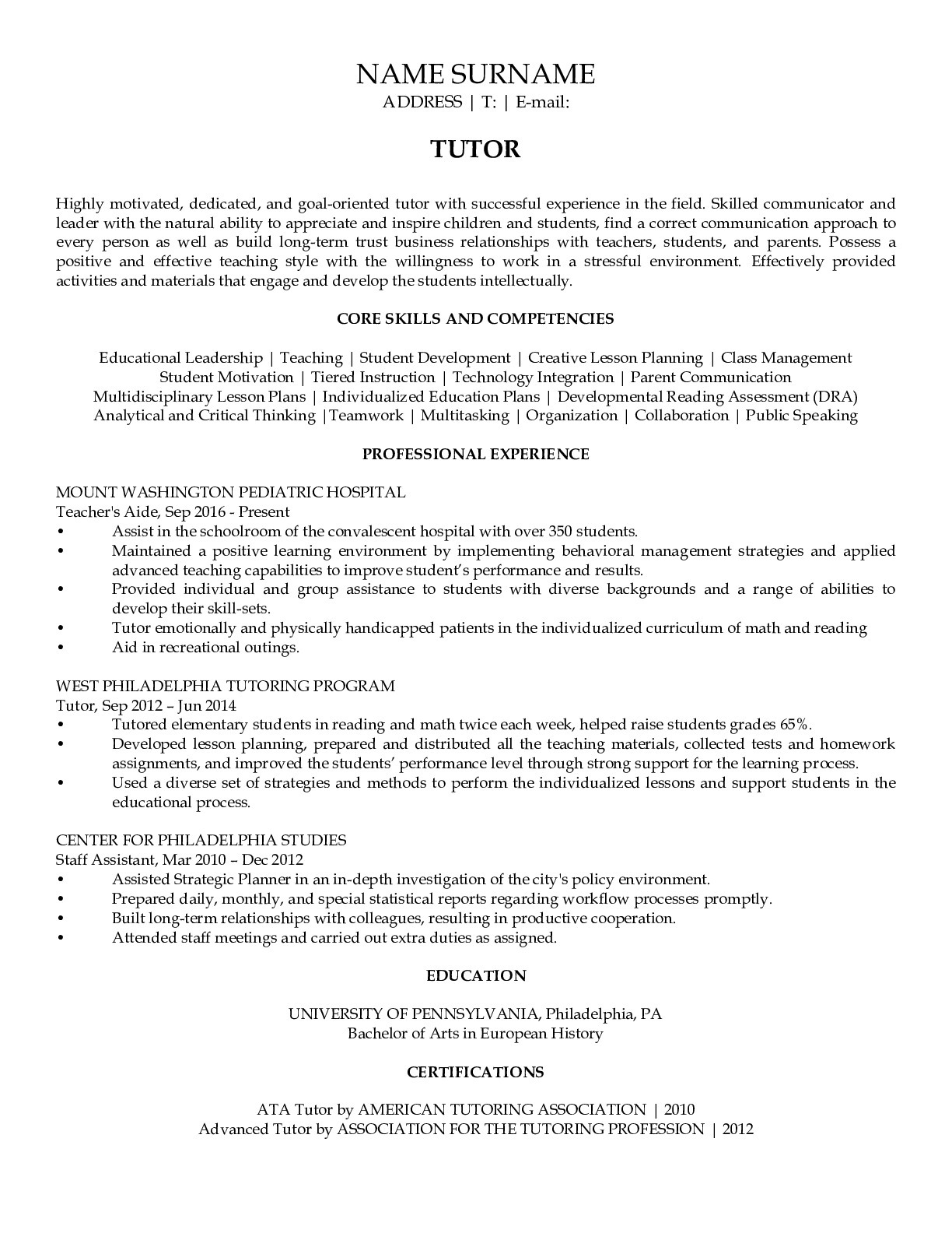 Resume Example for Tutor