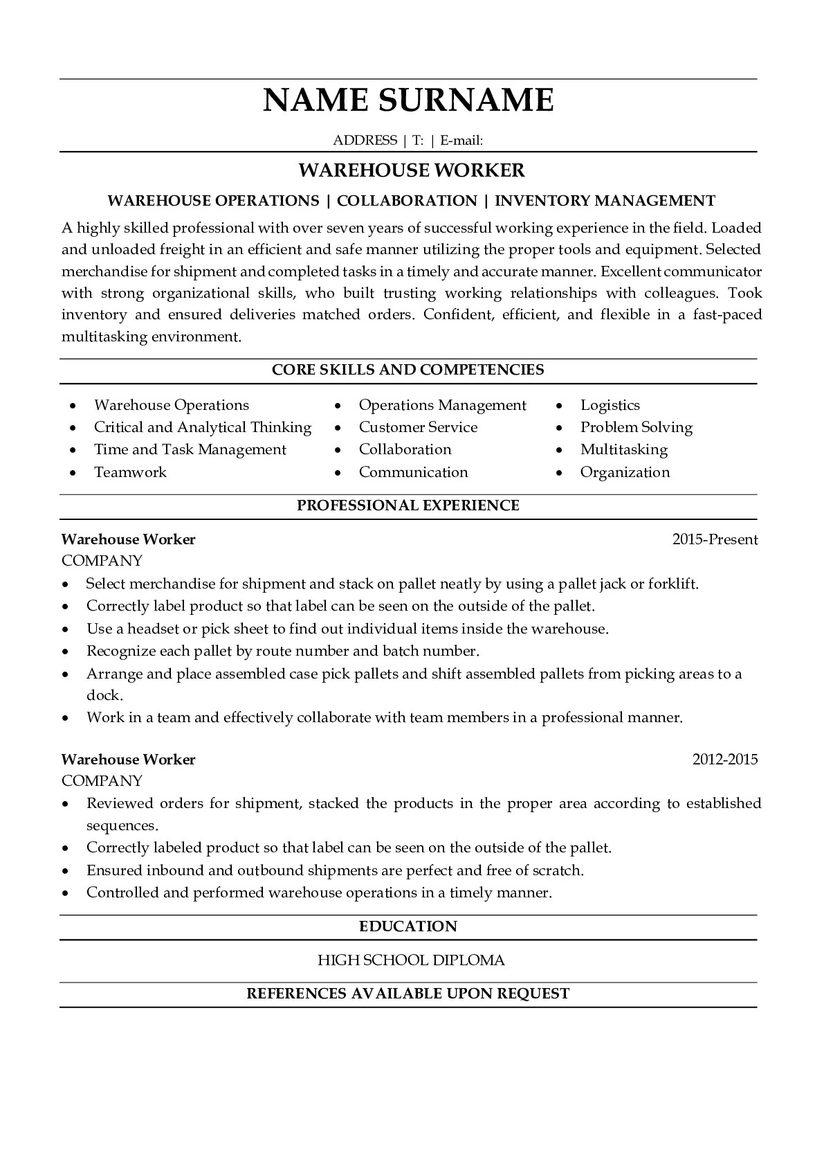 Professional Warehouse Worker Resume Examples for free ResumeGets