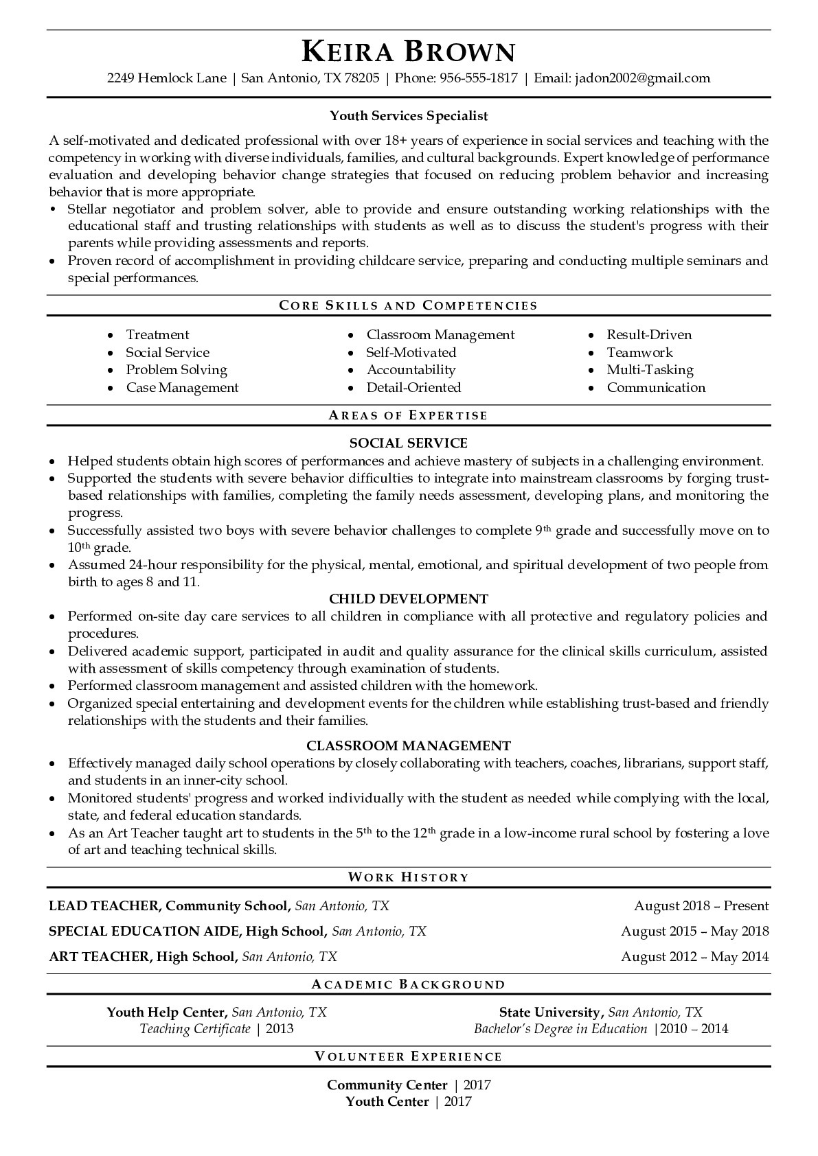 Resume Example for Youth Services Specialist
